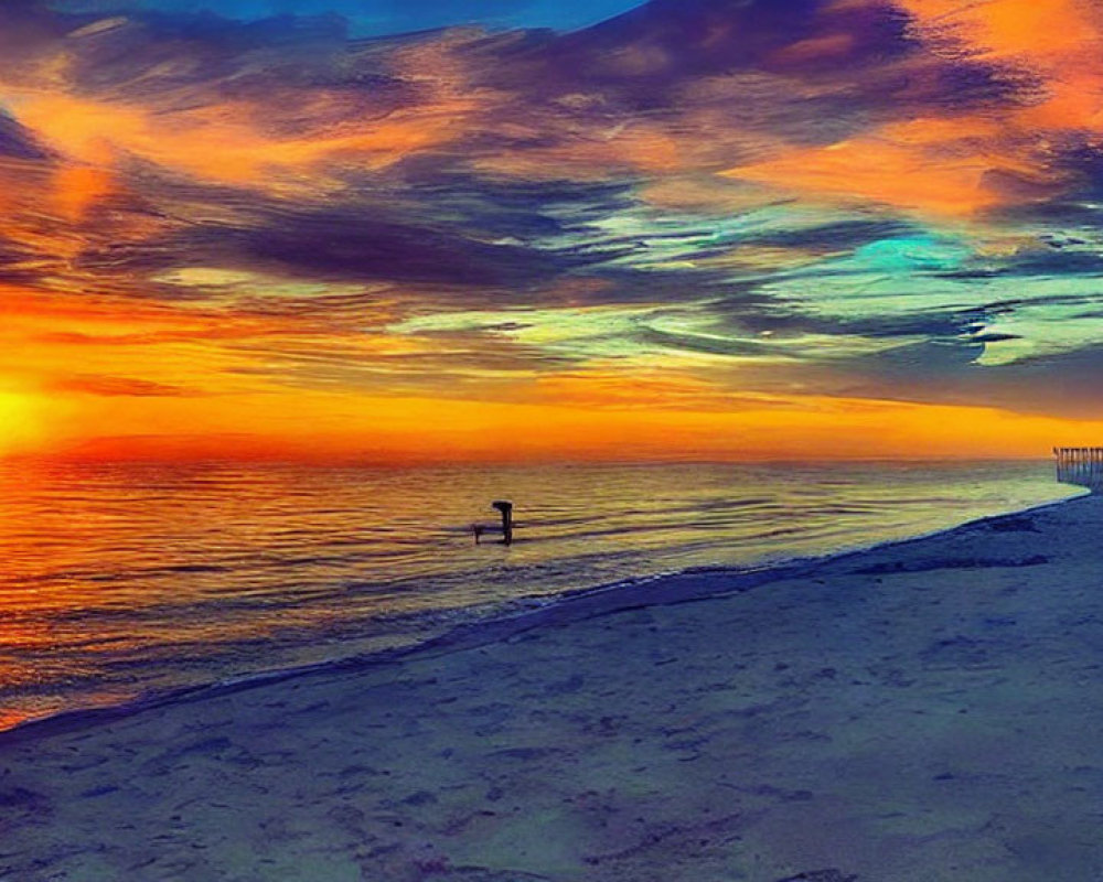 Colorful sunrise scene at calm beach with person in water and old pier under cloudy sky