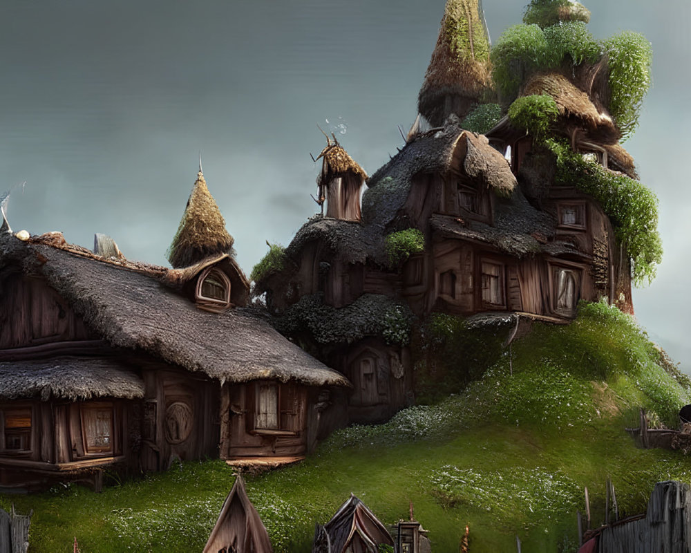 Rustic Thatched-Roof Fantasy Village on Hilltop