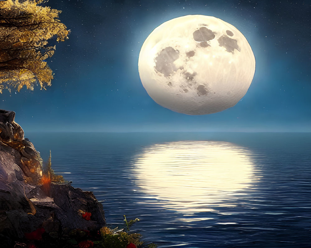 Night sky with full moon reflecting on tranquil sea and tree-lined cliff illuminated by warm light