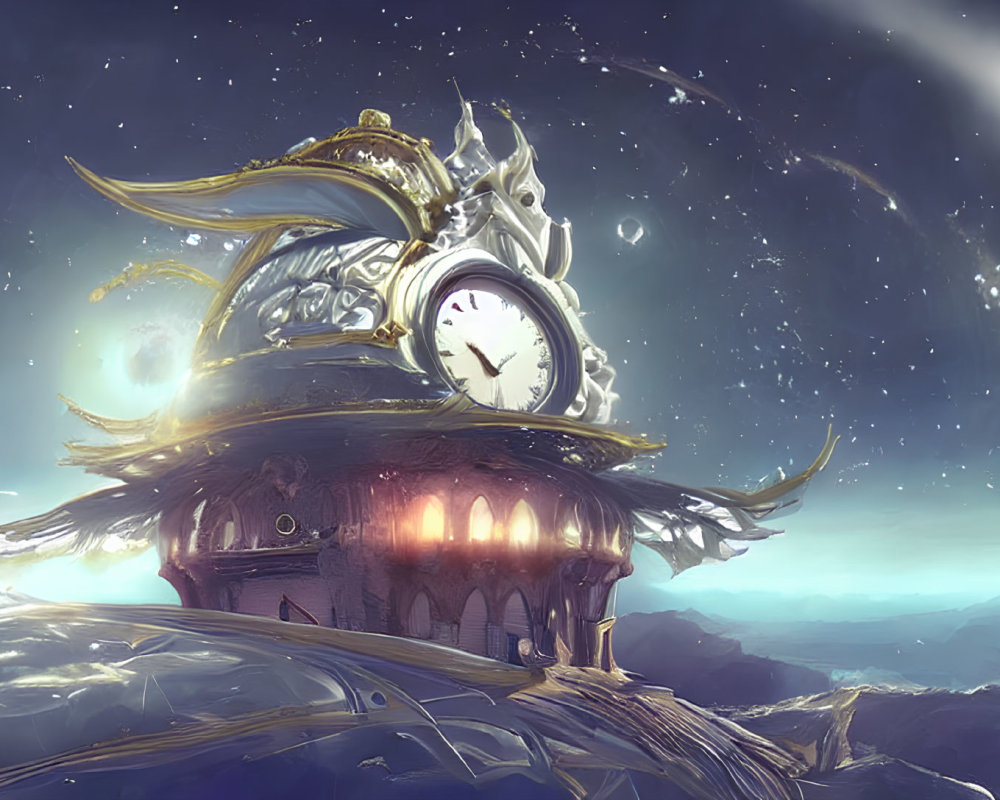 Grand clock and ornate roof atop high mountain under starry sky