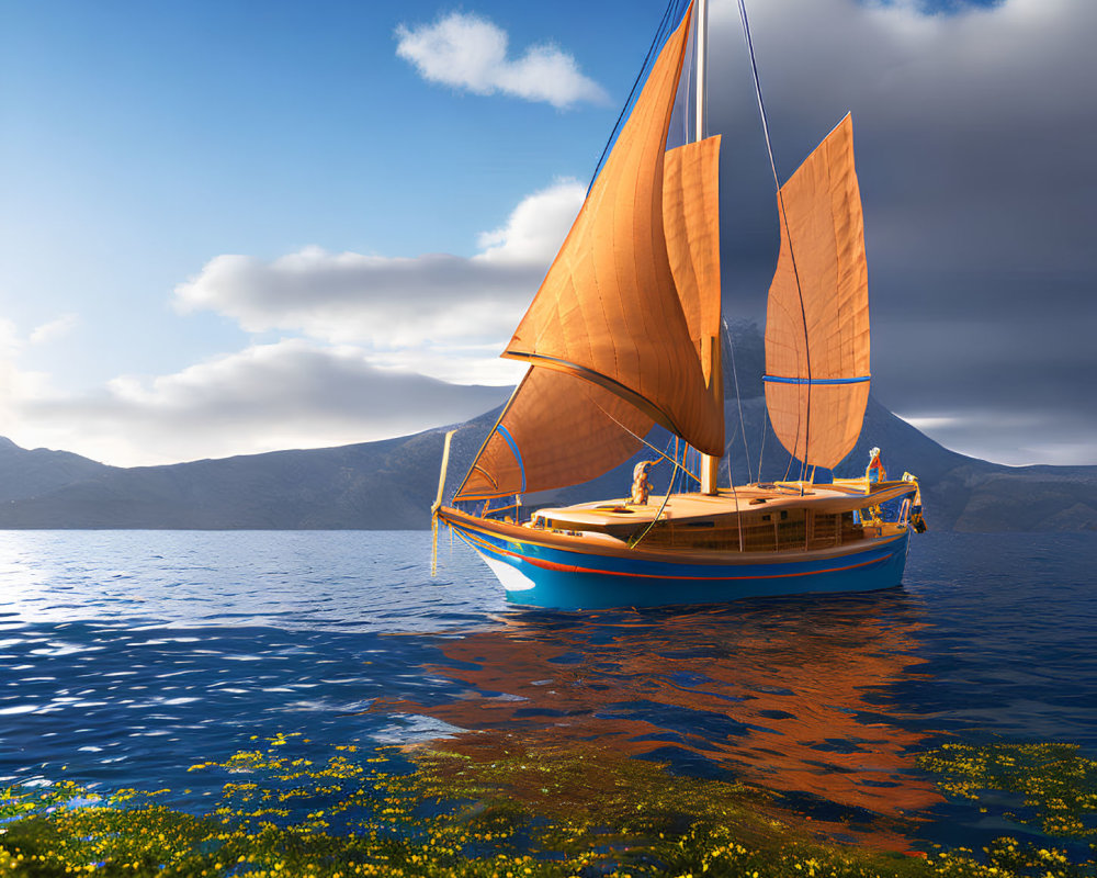 Traditional sailboat with orange sails on calm water near yellow flowers and mountains under cloudy sky