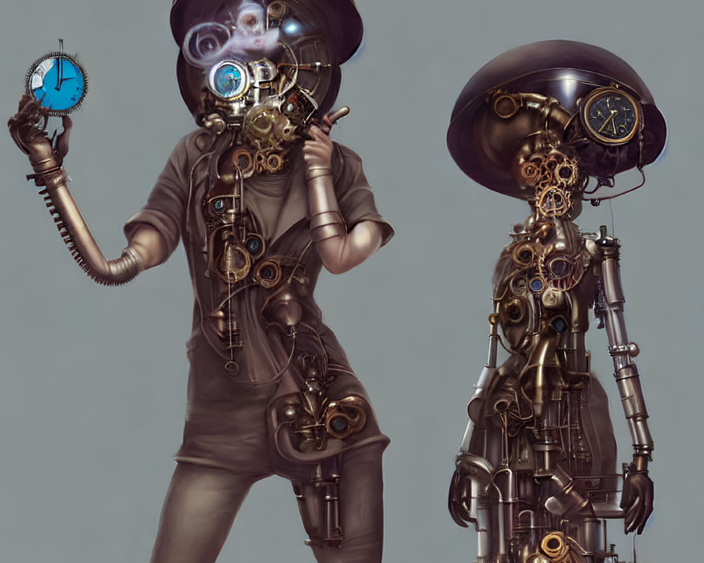 Steampunk-style robot with gears and clocks in two poses