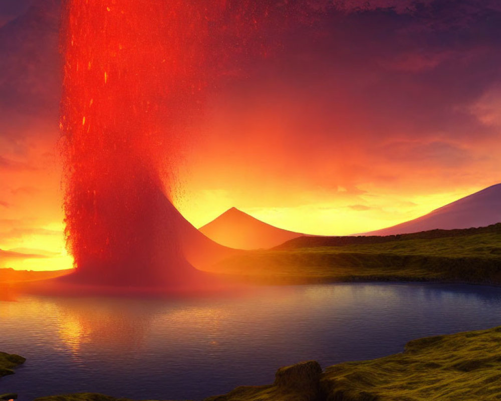 Surreal volcanic eruption with lava fountain in vivid sunset sky