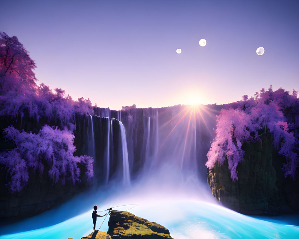 Solitary fisherman near majestic waterfall under twilight sky