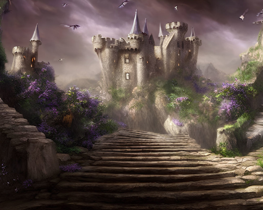 Mystical castle with spires in fog, dragons flying, purple flowers