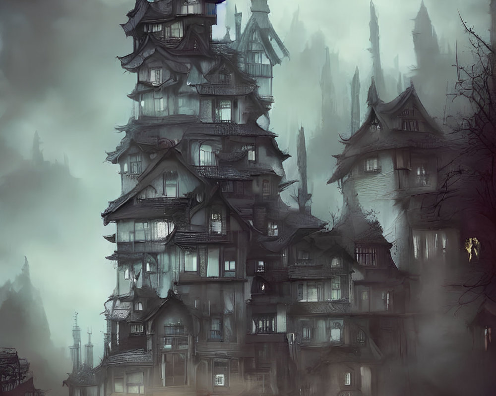 Enigmatic mist-covered fantasy pagoda with glowing window