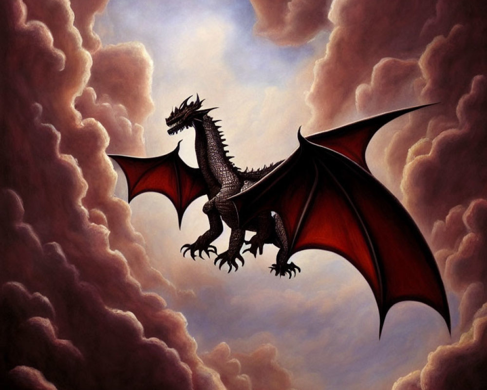 Dark-scaled dragon with reddish wings in cloudy sky