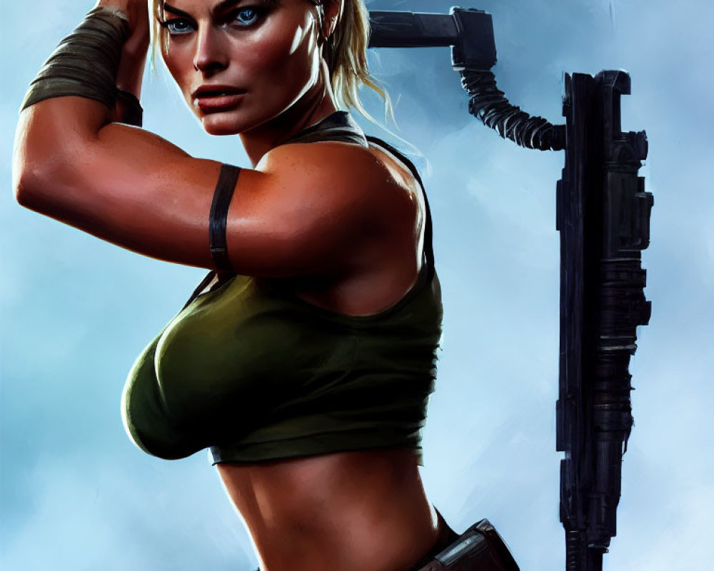 Digital Artwork: Blonde Female Warrior in Green Tank Top with Large Gun