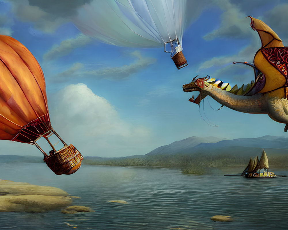 Tranquil lake with hot air balloons and ornate dragon flying above boats