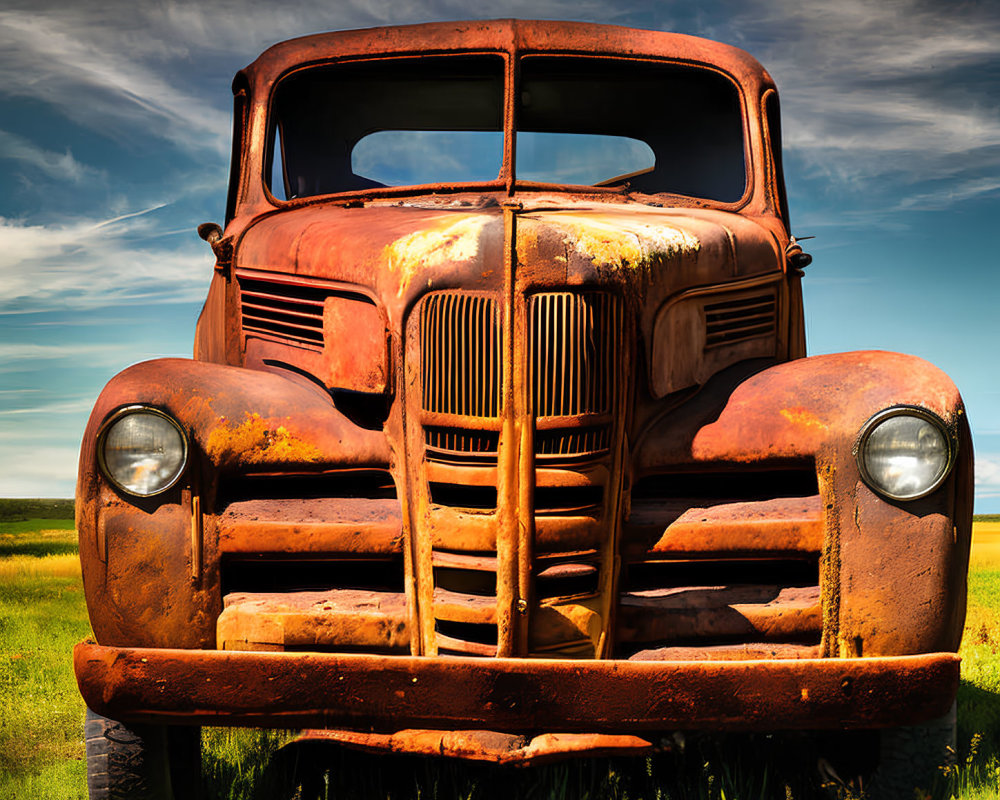 Rusted vintage truck in grassy field under blue sky