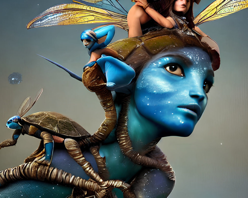 Fantastical image of small blue creature riding turtle with larger glowing humanoid.