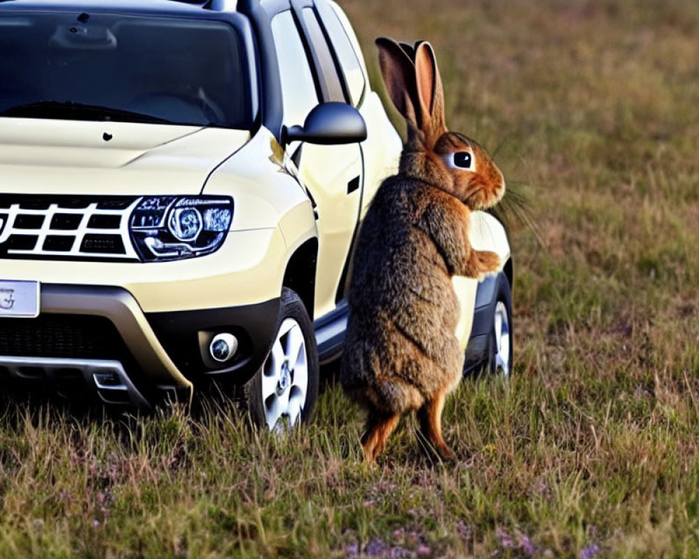 Whimsical large rabbit beside yellow car in grassy field