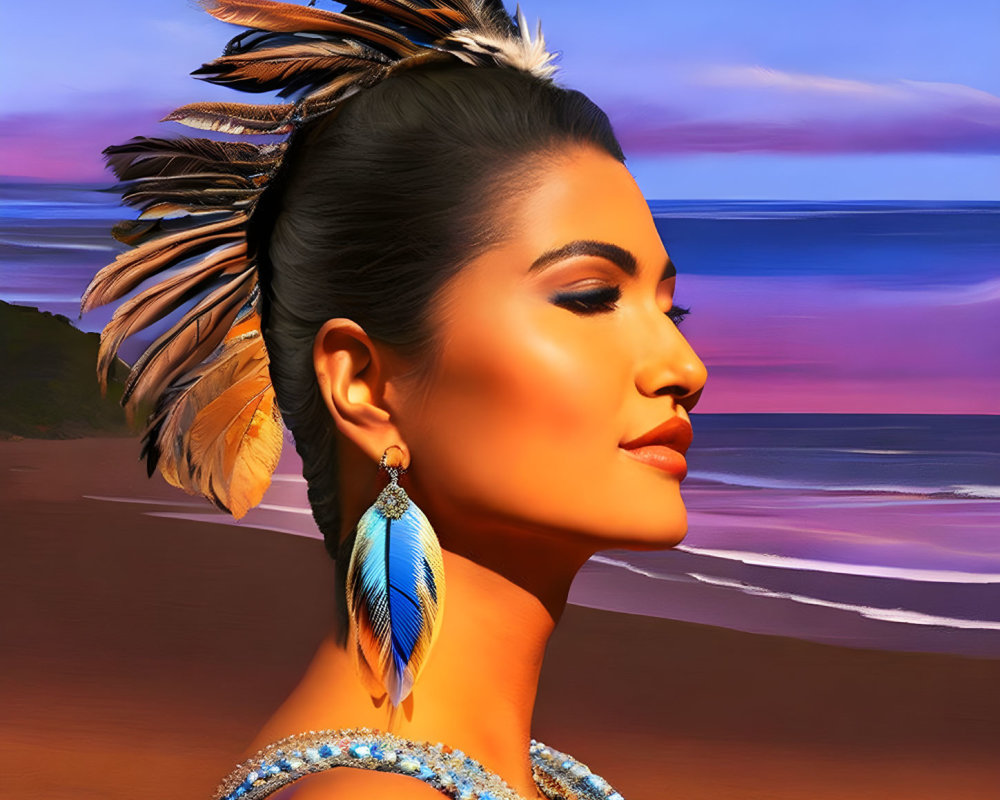 Digital Artwork: Woman in Feather Headdress, Blue Top, Earring, Beach Sunset