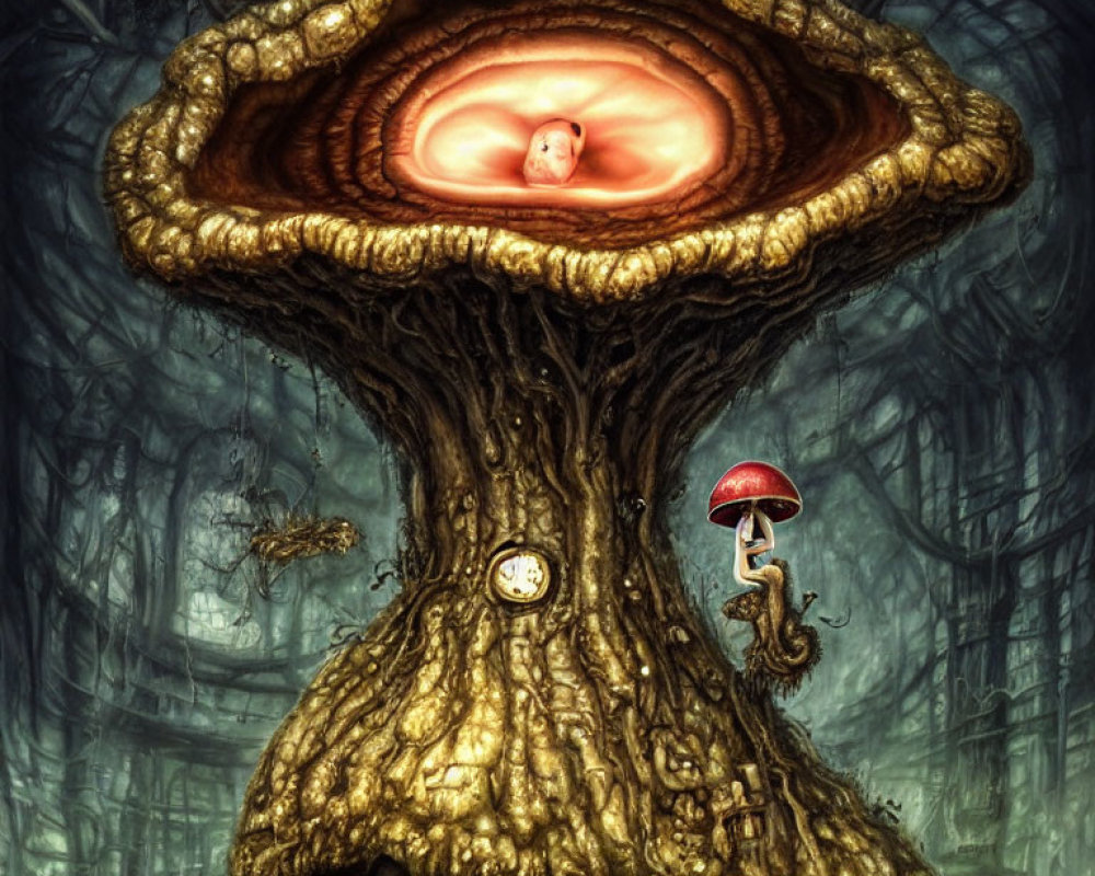 Surreal forest scene with giant mushroom clock and human-like figure