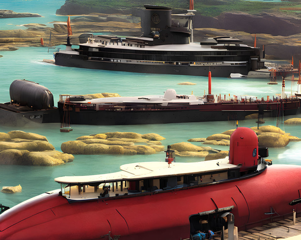 Futuristic submarine and sleek vessel at coastal facility