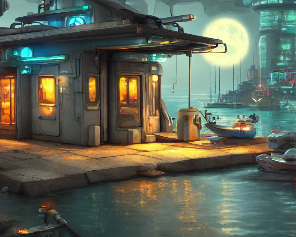 Futuristic cityscape with neon-lit dock, boat, and moonlit skyline