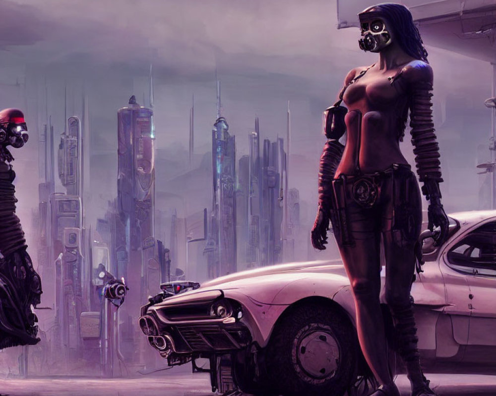 Futuristic cityscape with neon hues, cyberpunk woman, classic car, and robotic figure