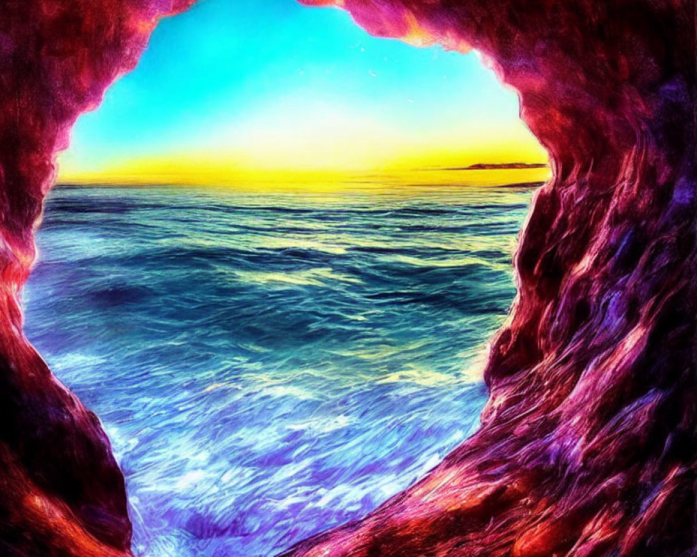 Colorful cave scene with ocean sunset and purple water.