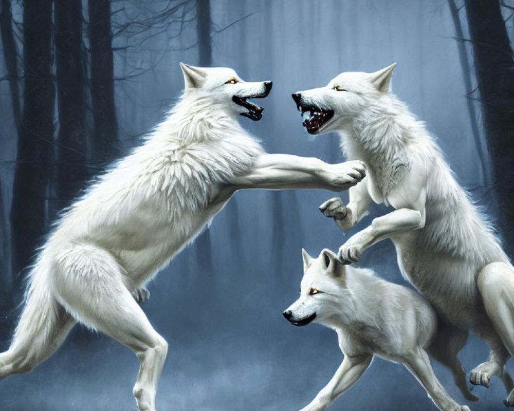 White wolves in standoff in misty forest scene