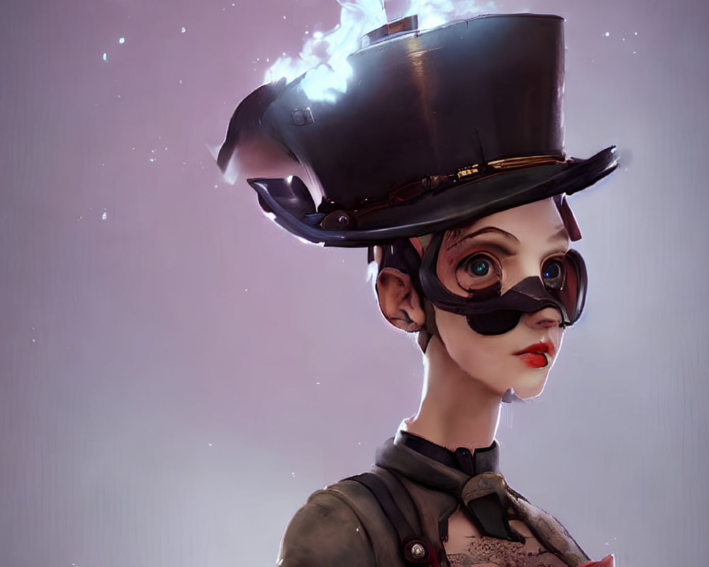 Stylized illustration of woman in top hat with goggles and red scarf