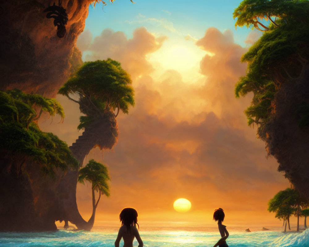 Silhouetted figures walking in shallow water at sunset with exotic trees.