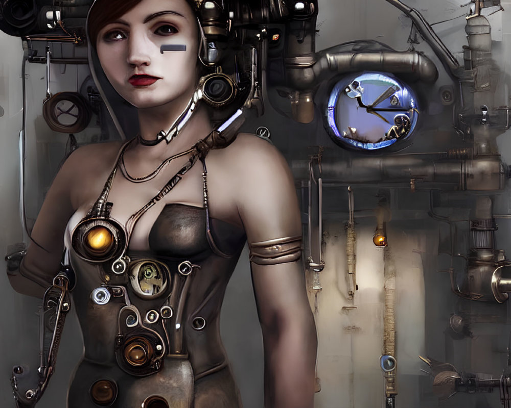 Steampunk-themed female character with mechanical accessories and industrial backdrop.