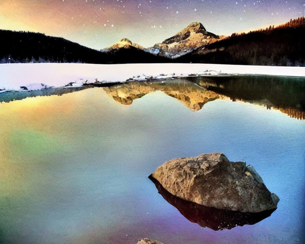 Tranquil twilight landscape of lake, mountains, forest, and rocks