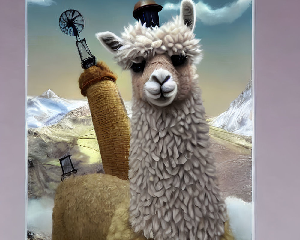 Whimsical llama illustration with bowler hat in surreal landscape