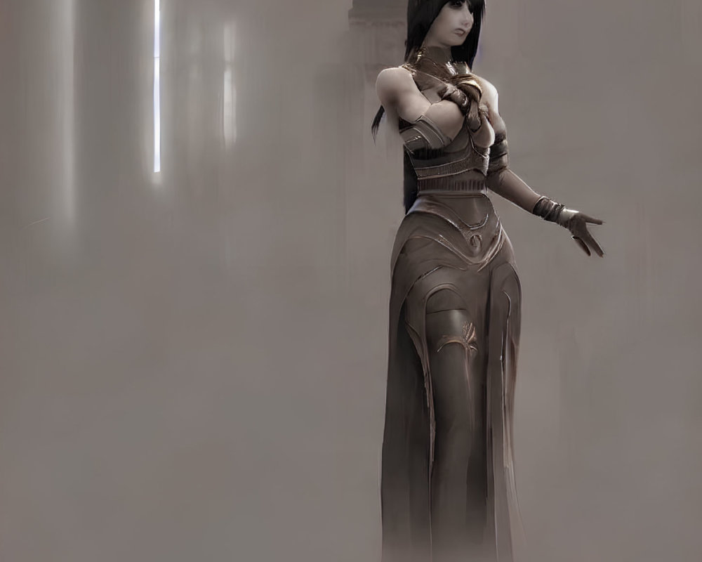 Fantasy-themed female character in misty room with vertical light sources