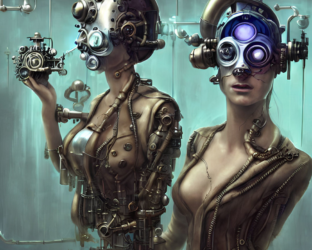 Steampunk-style figures with mechanical features in dimly lit room