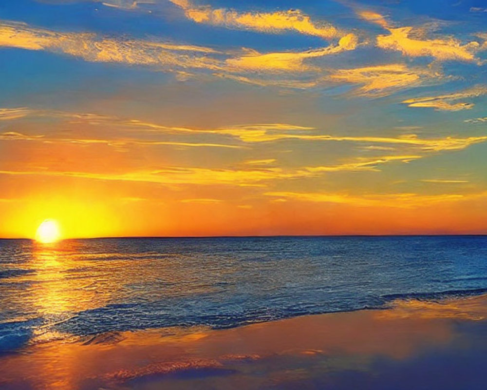 Scenic beach sunset with golden hues and calm waves