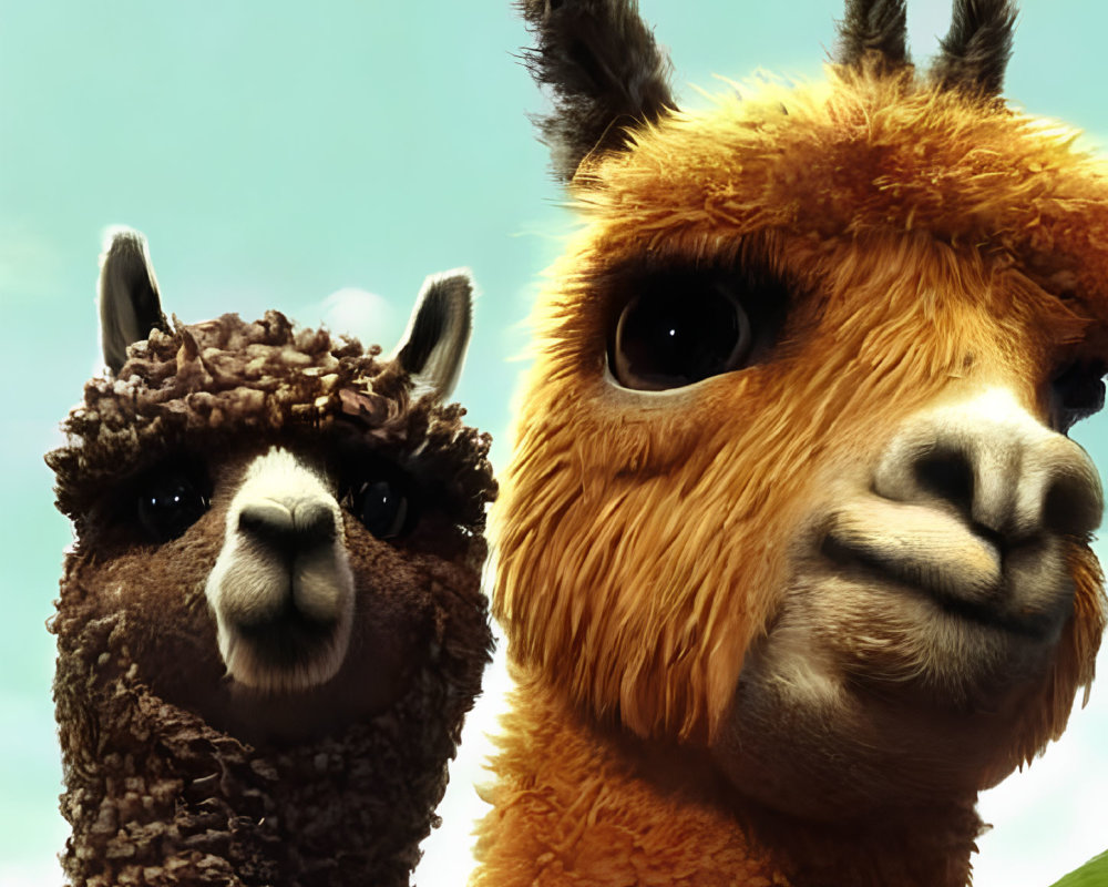 Fluffy llamas posing against clear sky