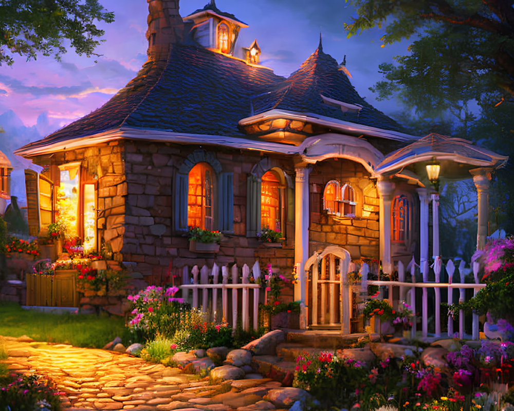 Stone cottage with glowing windows in twilight garden setting