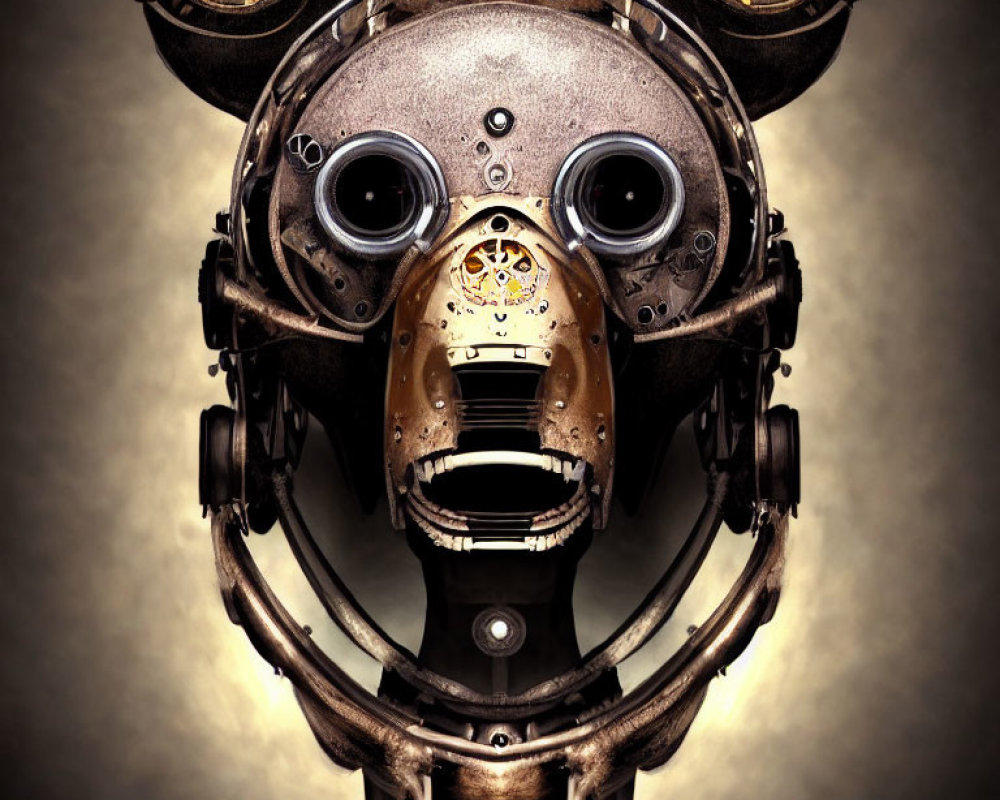 Steampunk-style robotic head with dual goggles and gas mask mouth