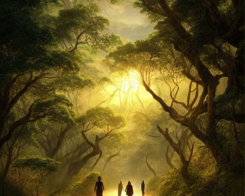 Group of People Walking Through Mystical Forest with Sun Rays