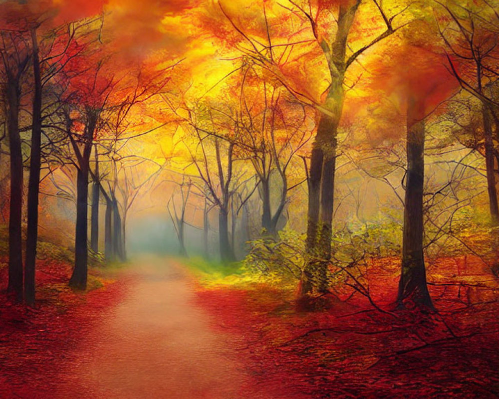 Scenic forest path with fiery autumn leaves and misty backdrop