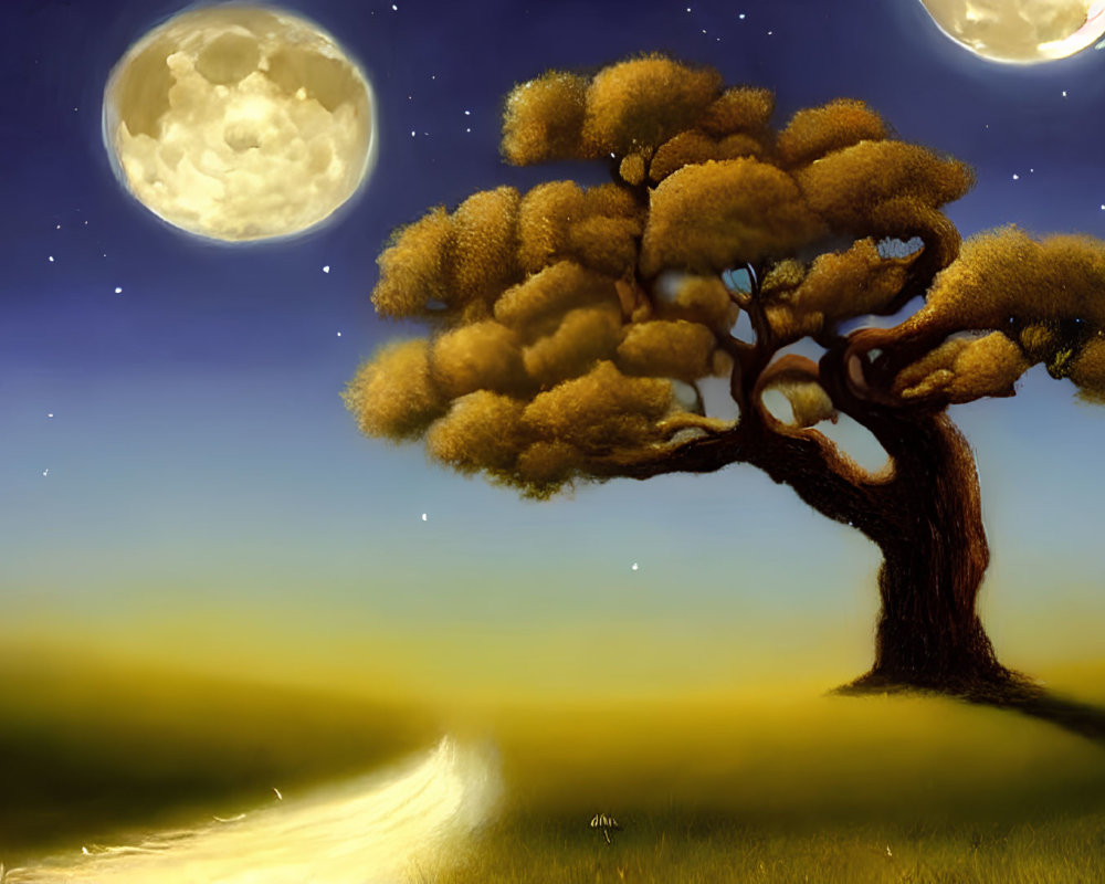 Artwork of Starry Night Sky, Two Moons, Golden Tree, and Winding Path