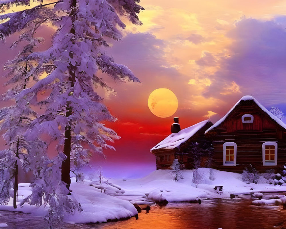 Snowy Sunset Landscape: Cabin, River, Snowy Trees, Full Moon