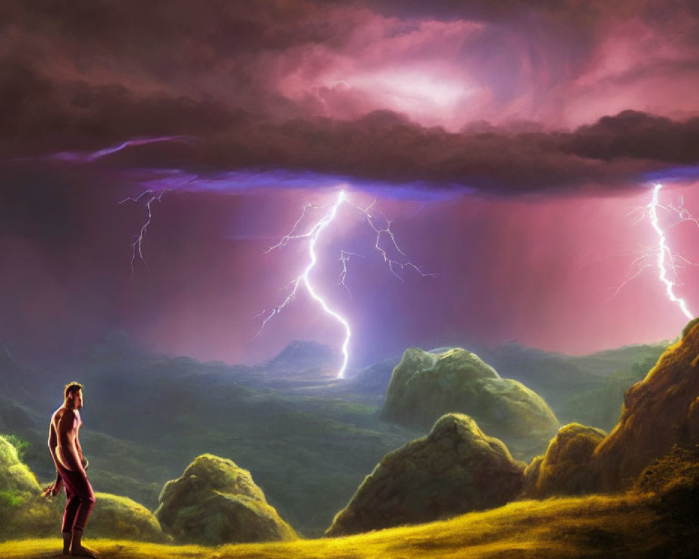 Person on grassy hill gazes at vivid storm with purple clouds and lightning in dramatic landscape