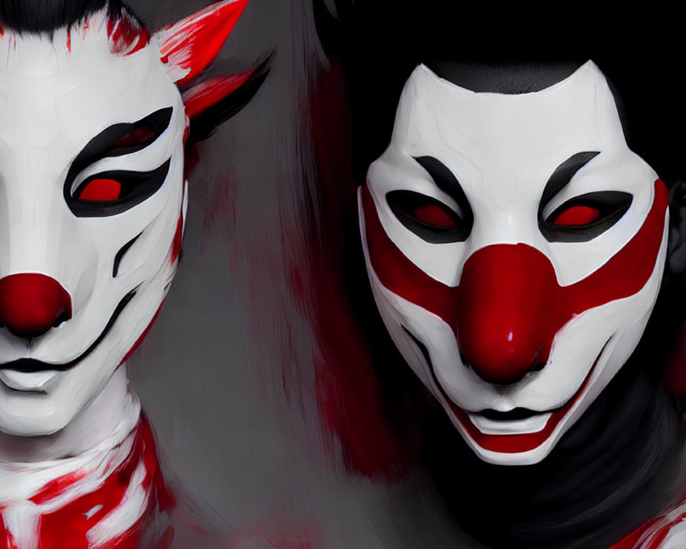 Stylized white and red fox masks and makeup on two individuals posing theatrically