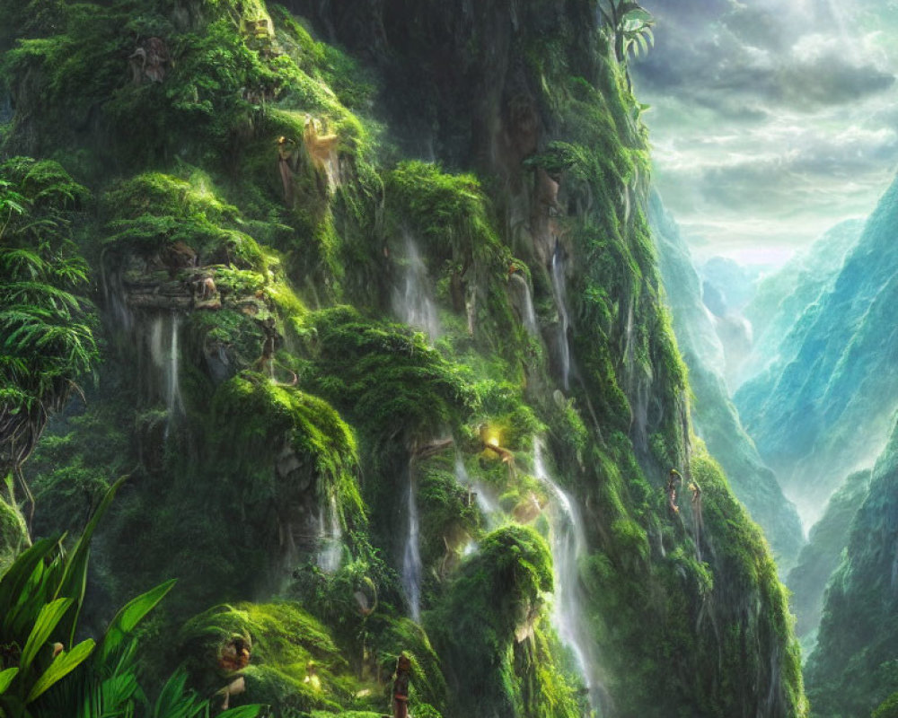 Fantasy landscape with waterfalls, cliffs, and sunlight in mist