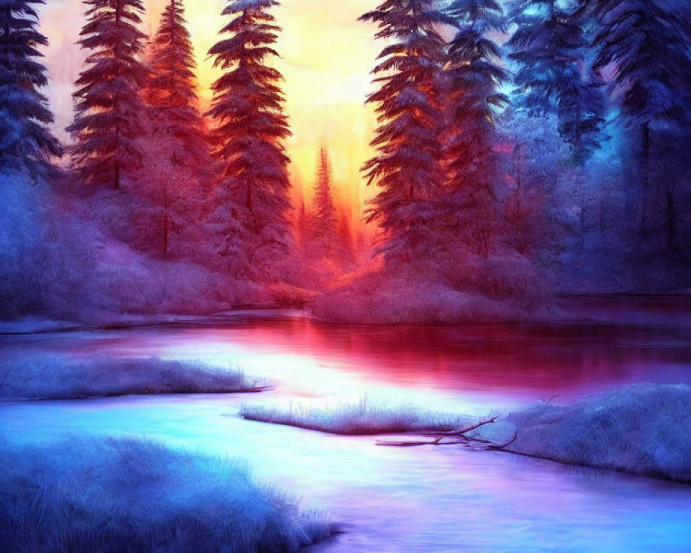 Serene snow-covered forest landscape at sunrise