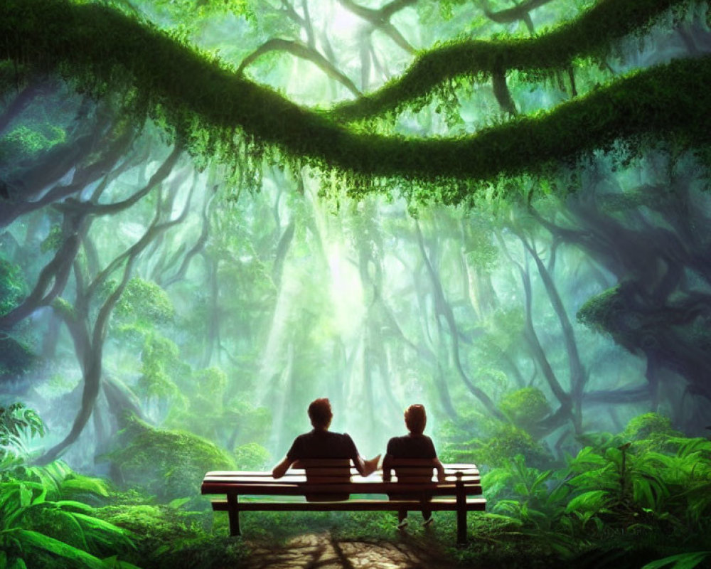 Two Individuals Relaxing on Bench in Green Forest with Sunbeams