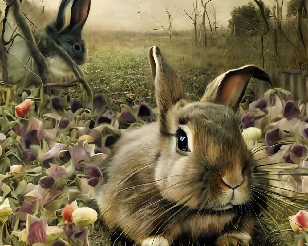 Brown Rabbit Surrounded by Purple Flowers in Dreamy Field