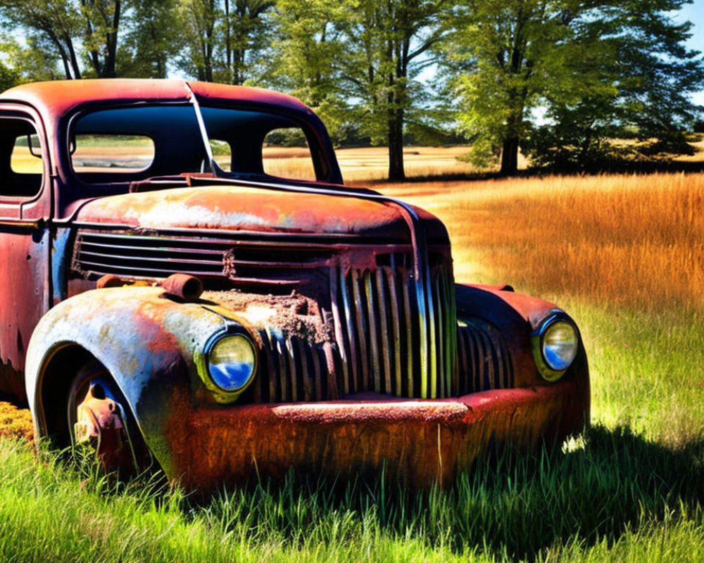 Rusted Vintage Truck in Sunny Field with Trees