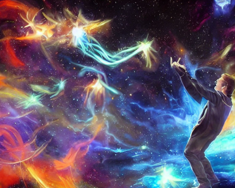 Man in suit reaches out to cosmic bird-like entities in deep space