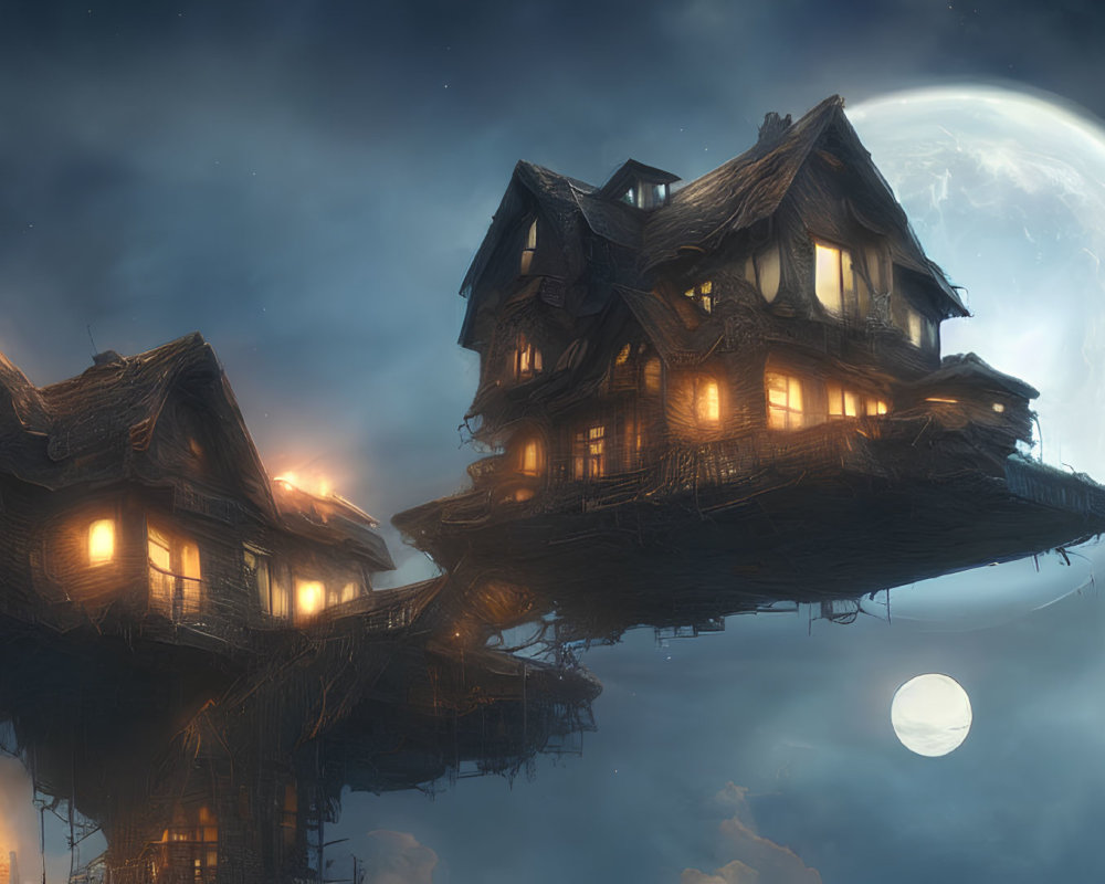 Floating house with glowing windows under moonlit sky on craggy rocks