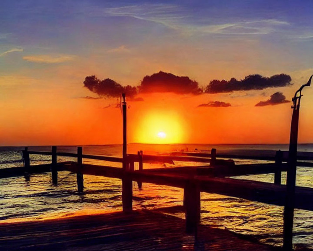 Ocean sunset viewed from pier with railing silhouette and sparse trees against orange sky.