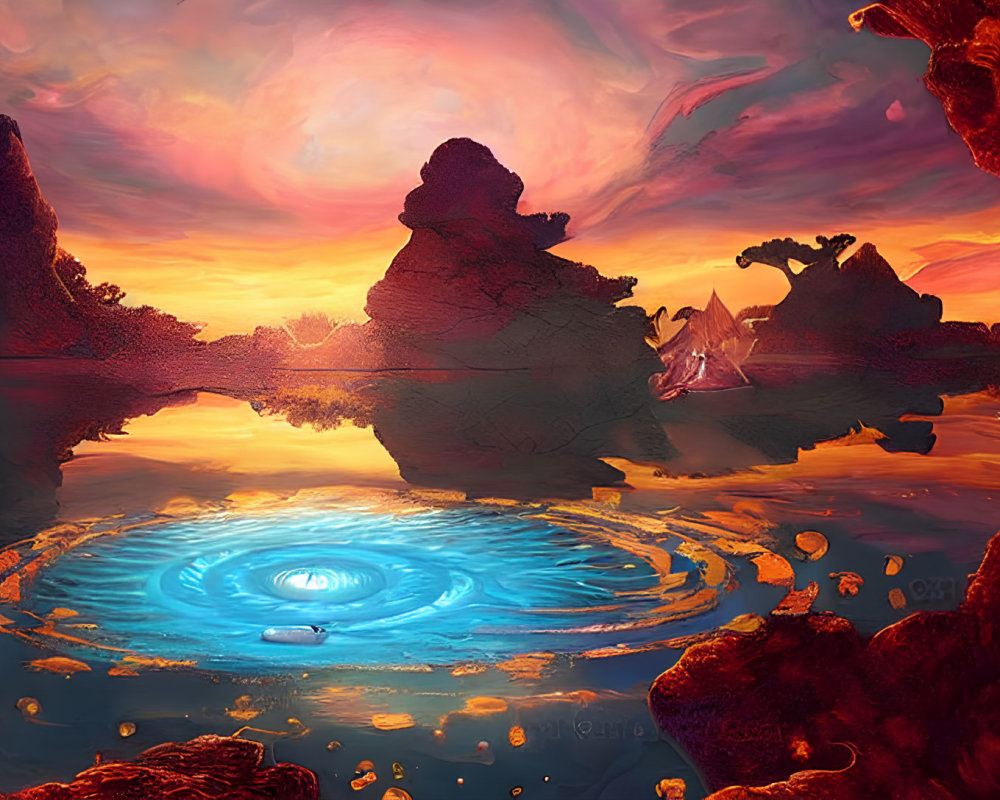 Fantasy landscape: vibrant sunset sky, rock formations, glowing blue portal, serene water with golden particles