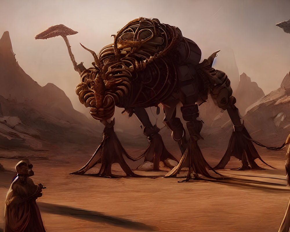 Mechanical beetle-like creature in desert with robed figures